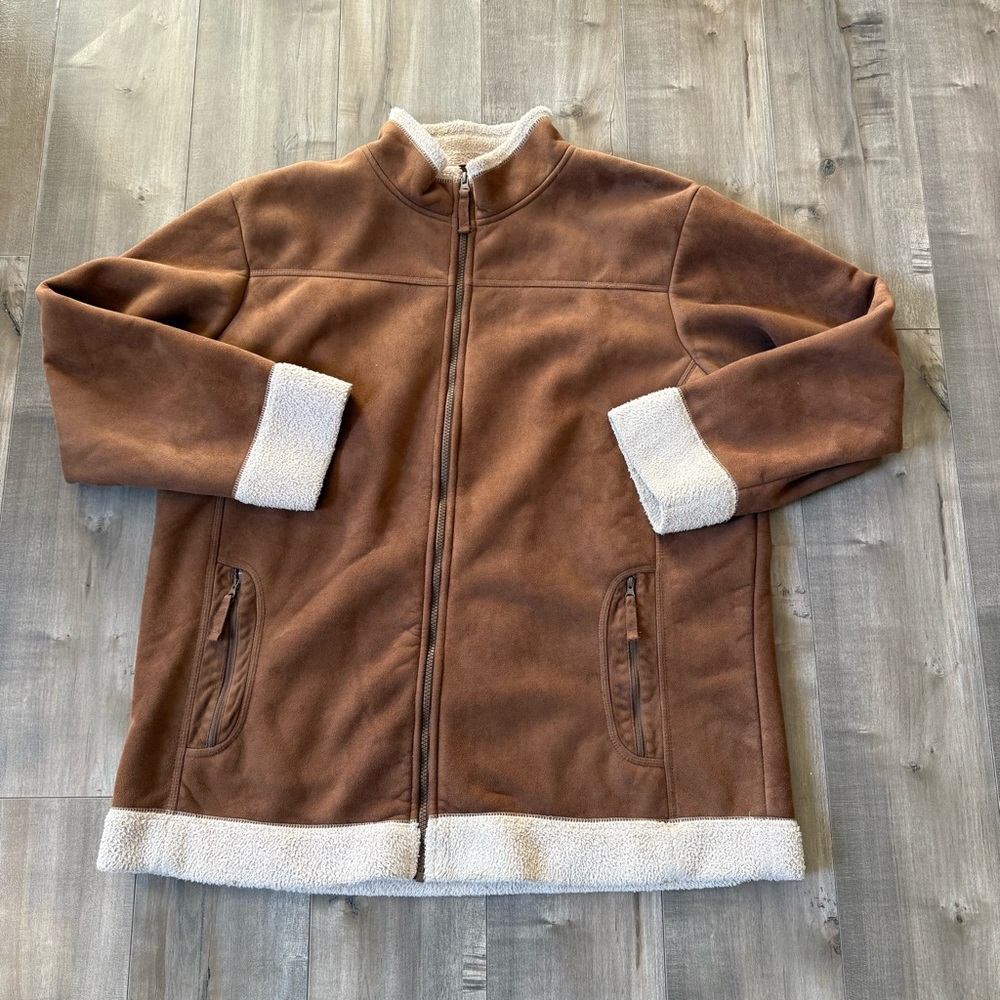 Cabela's Faux Suede Jacket Women XL Brown Sherpa Lined Zipper Outerwear